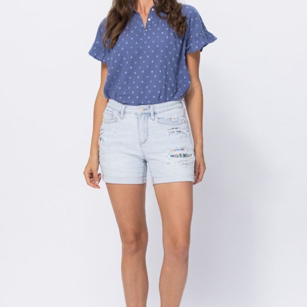 pLUS/rEG Judy Blue High Rise Cuffed Aztec Patch Shorts S M L 1X 2X 3X